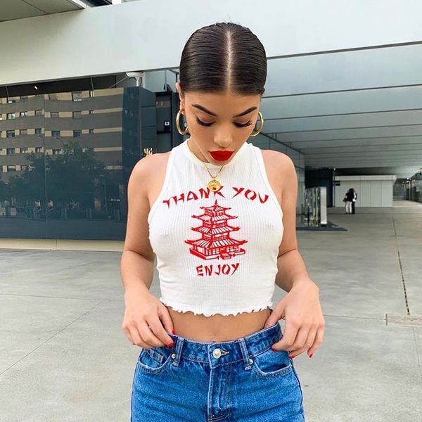 pattern print ribbed knitted camis tanks sleeveless women summer 2019 casual streetwear female crop, White